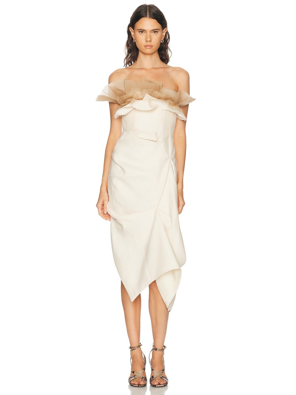 KHAITE Salm Dress Off-Shoulder Cream Ruffled Midi Dress